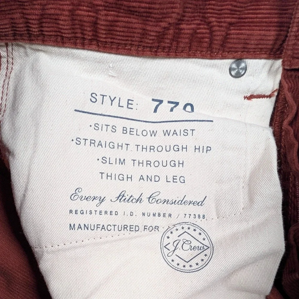 J Crew 770 Pants‎ Mens 29x32 Red Corduroy Slim Straight 5 Pocket Casual Chino